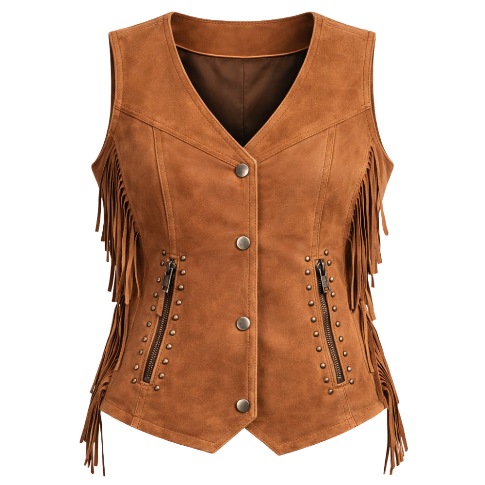 stylish womens brown 70s fringe vest faux suede design