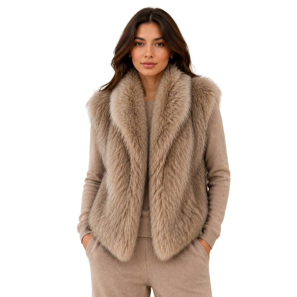 Women’s beige faux fur vest front view
