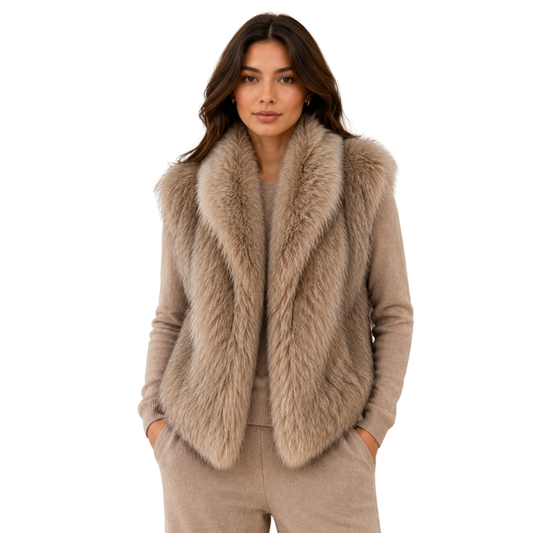 Women’s beige faux fur vest front view