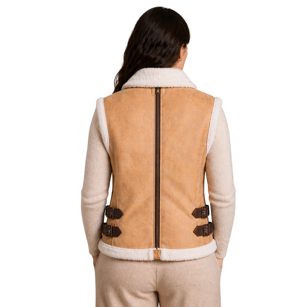 stylish womens beige shearling leather vest winter wear