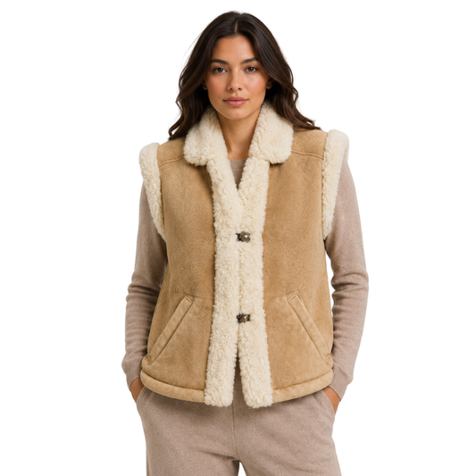 Women’s beige sherpa faux fur vest front view