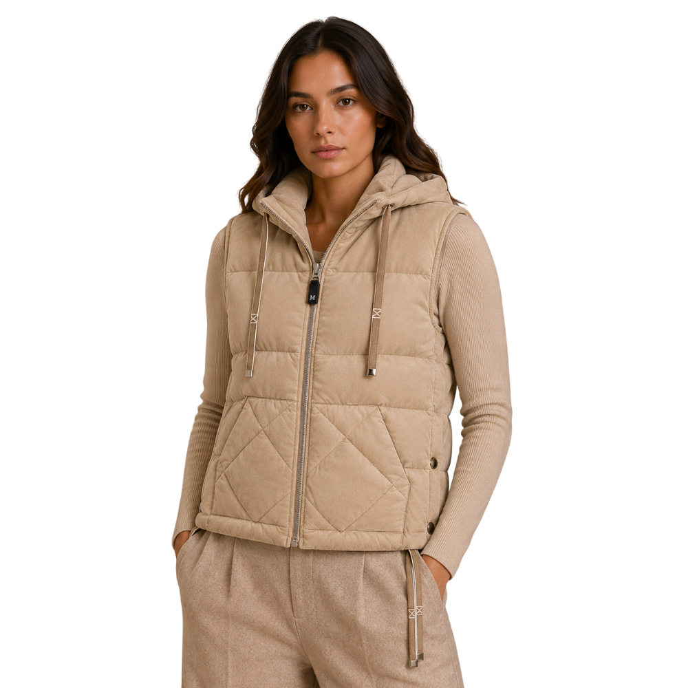 Women's beige suede hooded puffer vest with quilted pockets