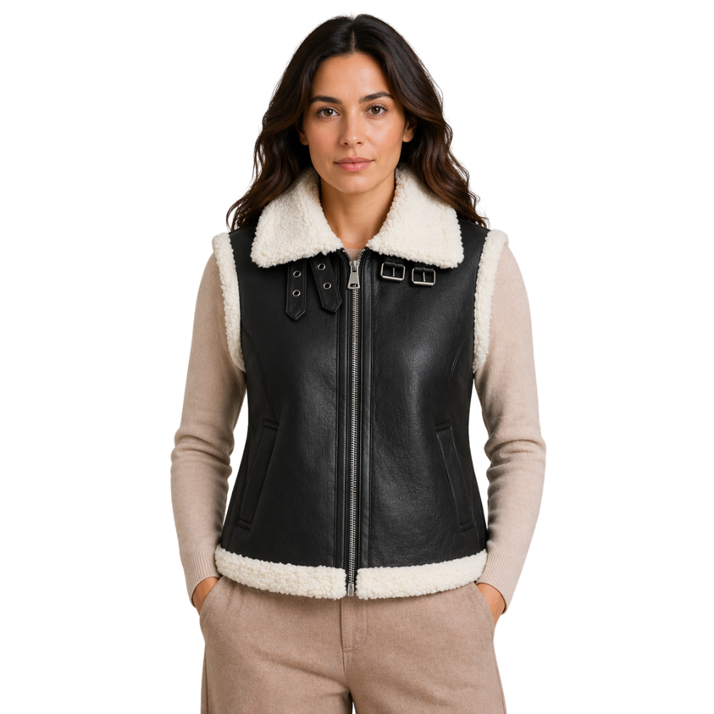 Women’s black aviator-style faux-shearling vest with white trim, front view