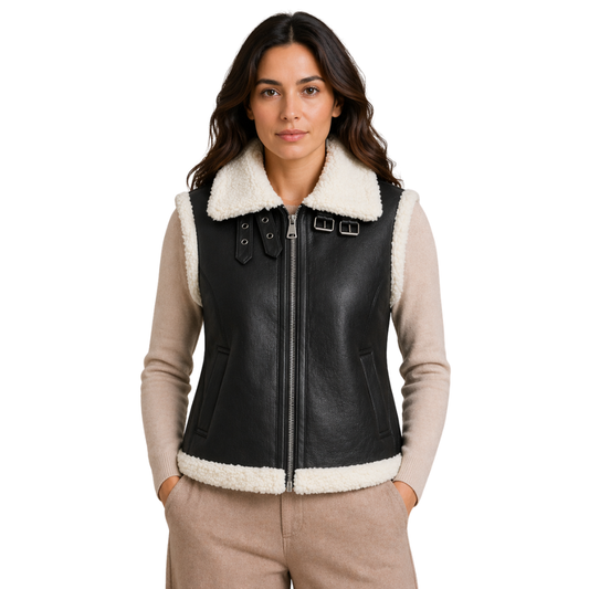Women’s black aviator-style faux-shearling vest with white trim, front view