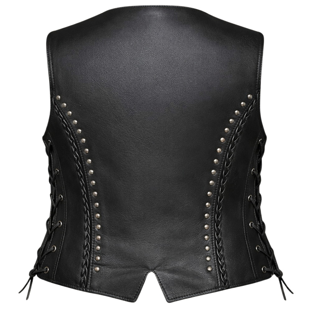 premium black leather vest studded braided biker style women