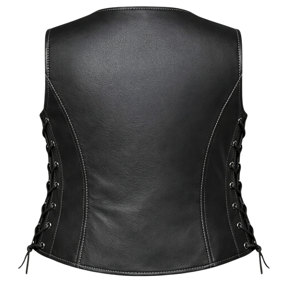 premium womens black biker vest classic leather style