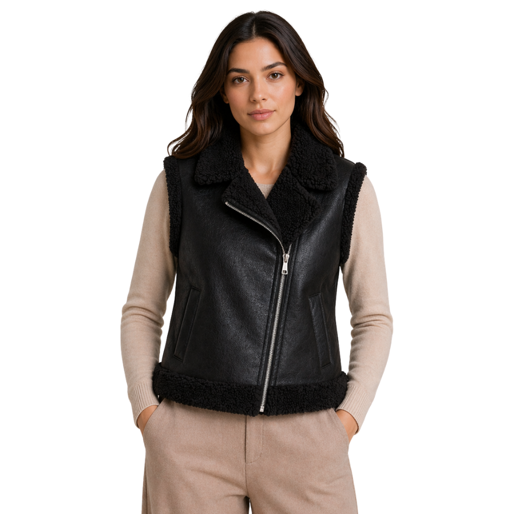 Women’s black faux-shearling vest with zip-up front