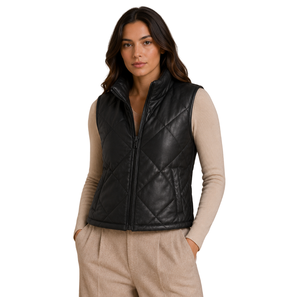 Women's black leather puffer vest with diamond quilted pattern