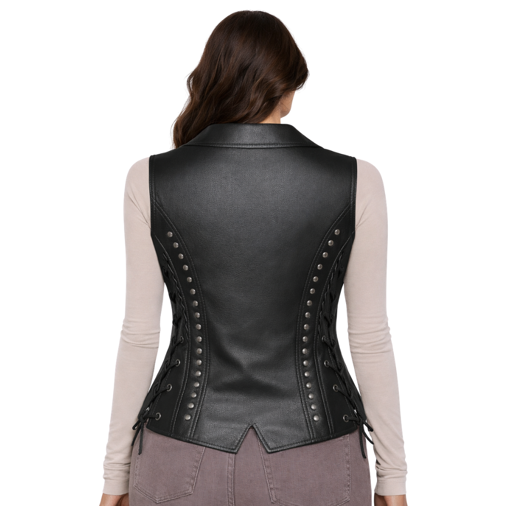 womens black leather biker vest with studs and braided design