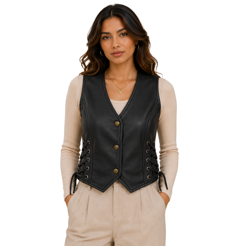 Women’s black western leather vest front view