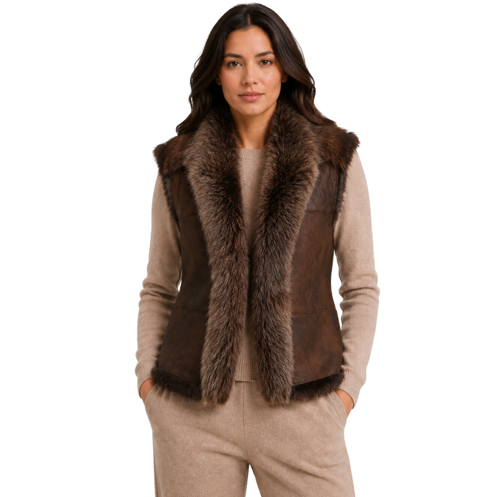 Women’s brown faux fur leather vest front view