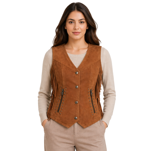 womens brown faux suede fringe vest 70s style