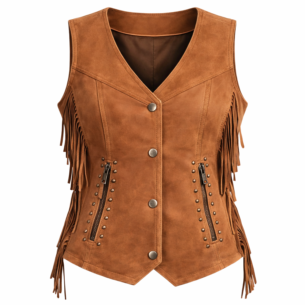 Womens brown faux suede fringe vest