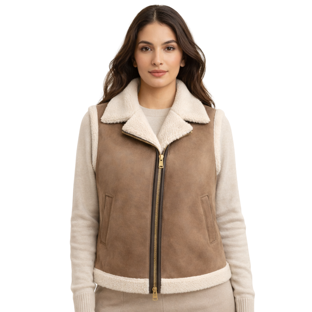 womens brown sheepskin leather shearling fur vest