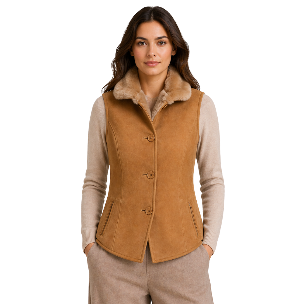 Women’s brown suede vest with fur-lined collar, front view