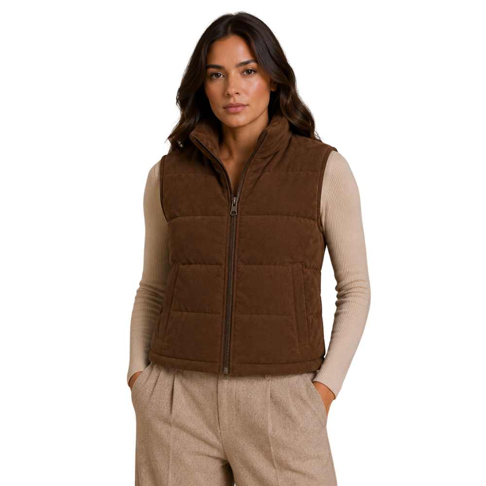 Women's brown suede puffer vest with quilted insulation and stand collar