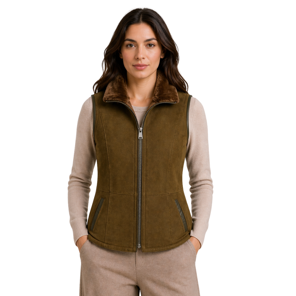 Women’s brown suede vest with fleece lining, front view