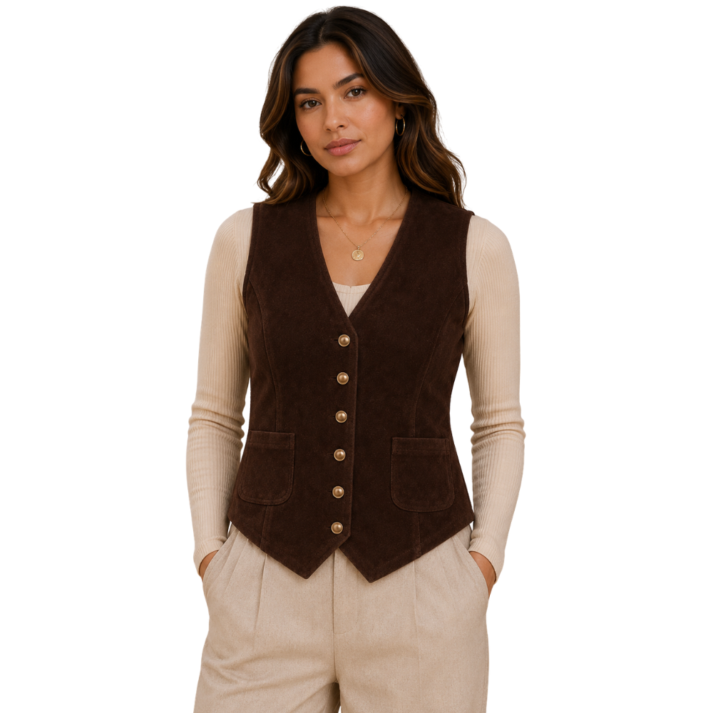 Women’s brown suede western vest front view