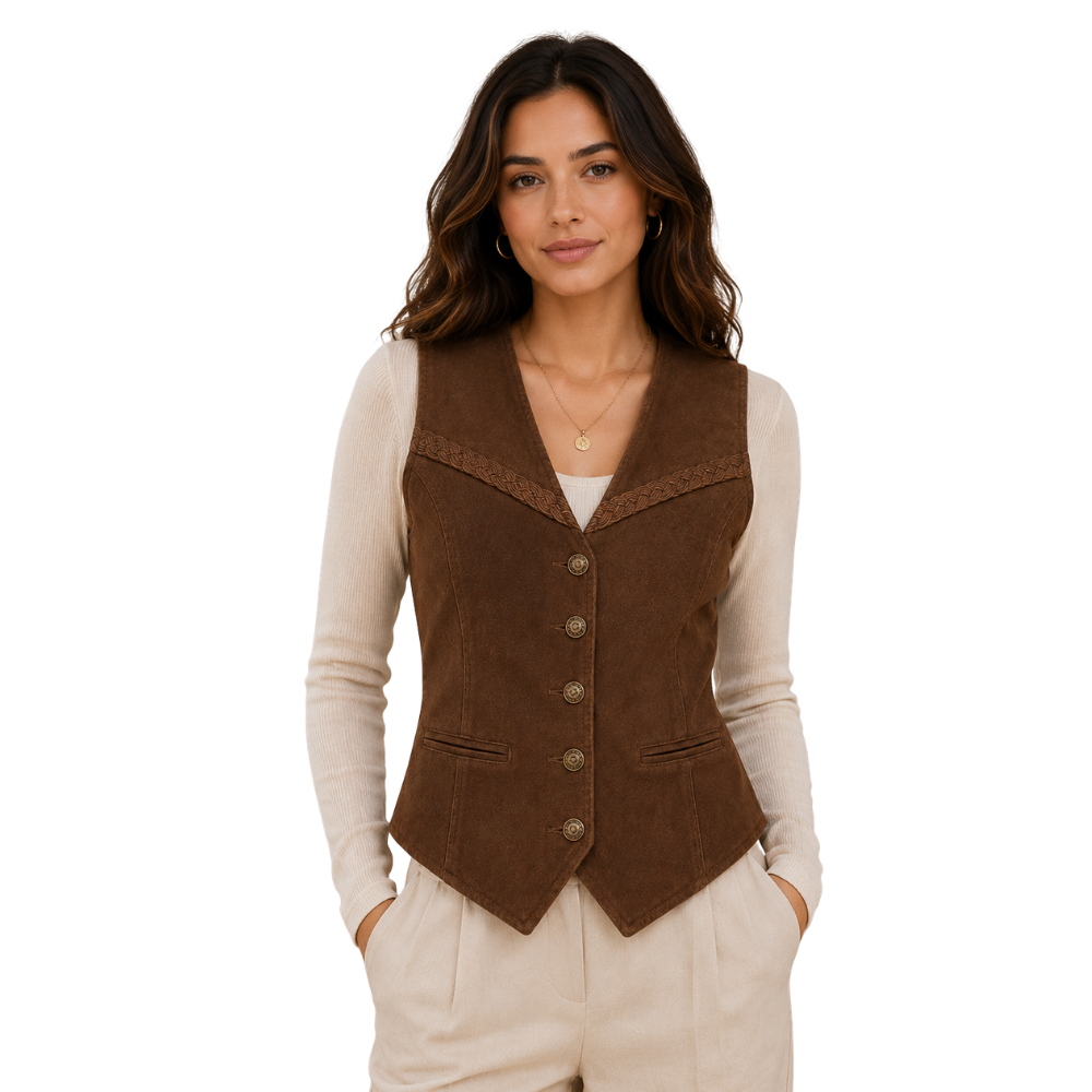 Women’s brown western leather vest front view