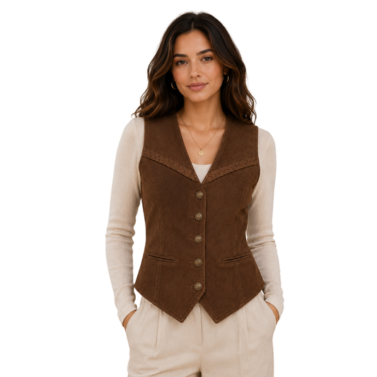 Women’s brown western leather vest front view
