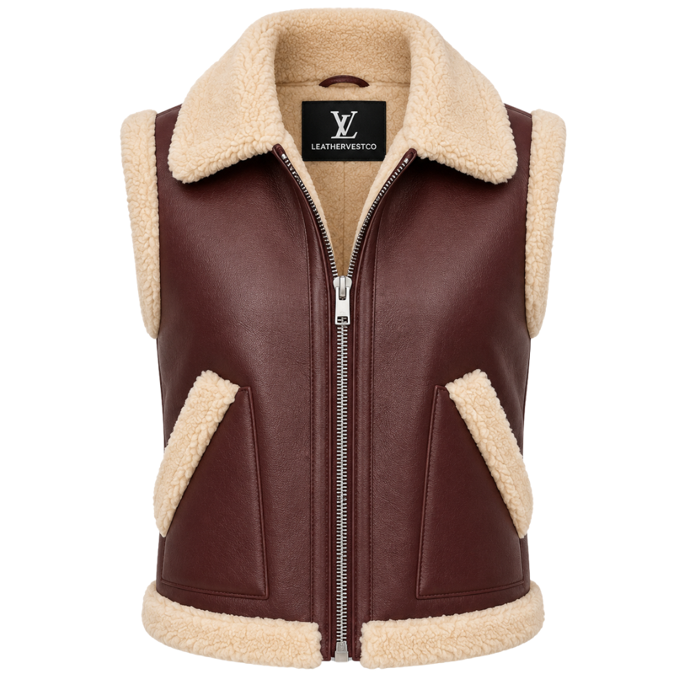 Stylish burgundy faux leather vest with shearling trim