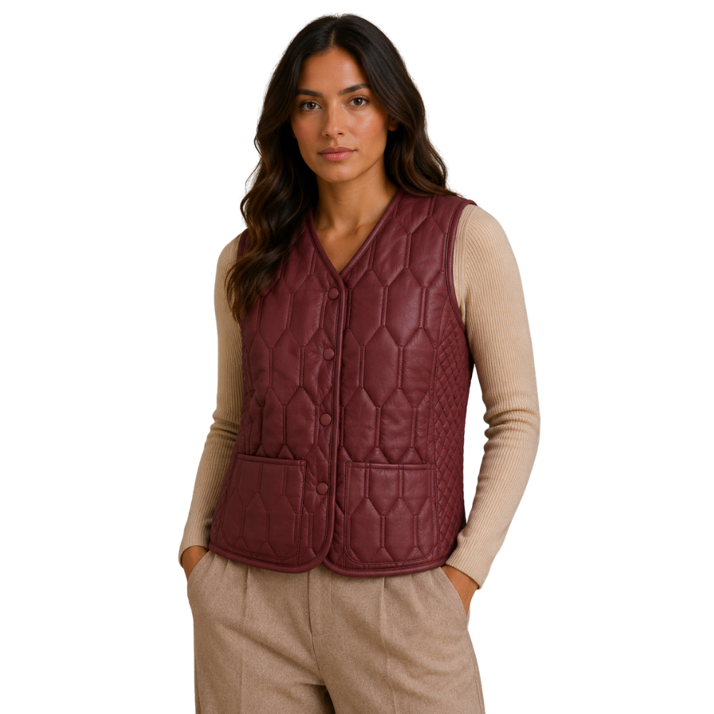 Women's burgundy quilted leather vest with snap button closure