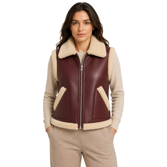 Women’s burgundy shearling faux fur leather vest front view