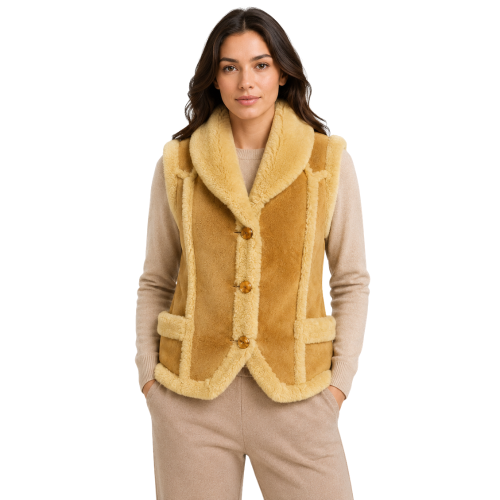 Women’s camel sherpa faux fur vest front view