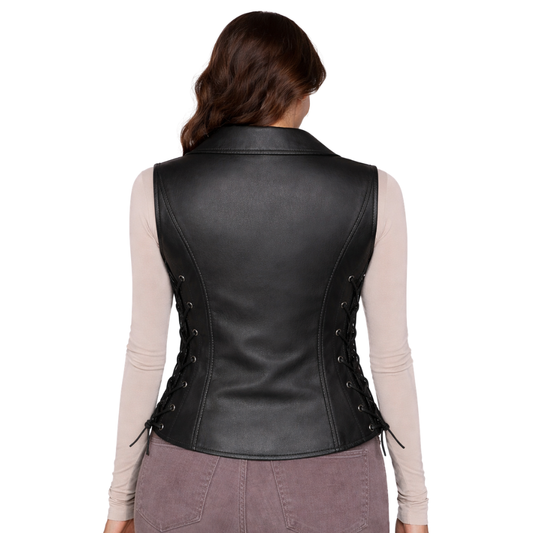 womens classic black leather biker vest A&H Apparel