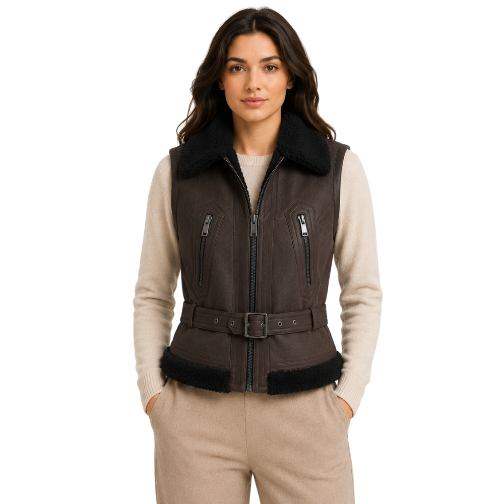 Women’s dark brown faux fur leather vest front view