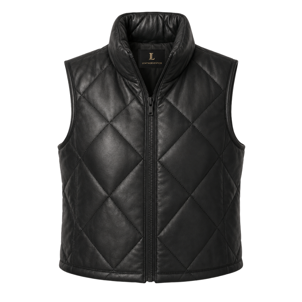 Sleeveless black leather winter vest for women