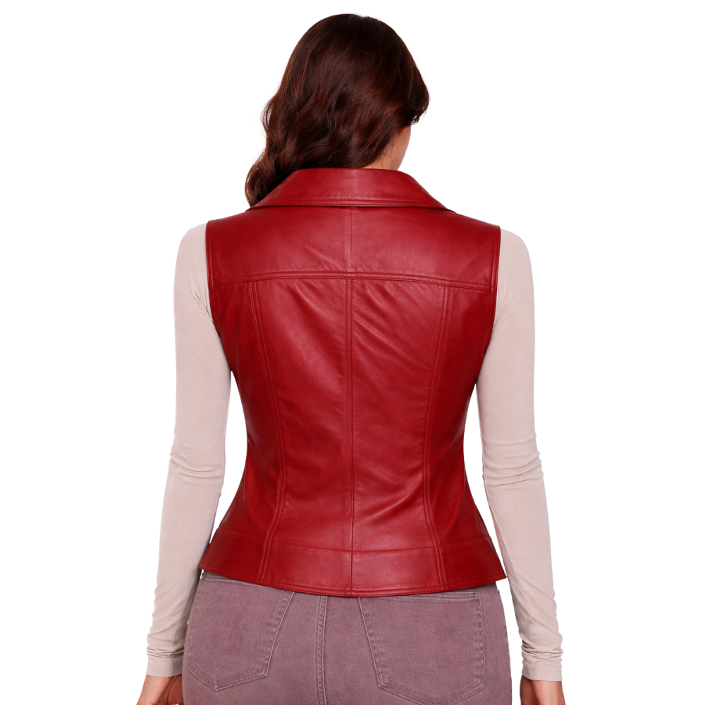 modern womens red lambskin biker leather vest sleeveless jacket