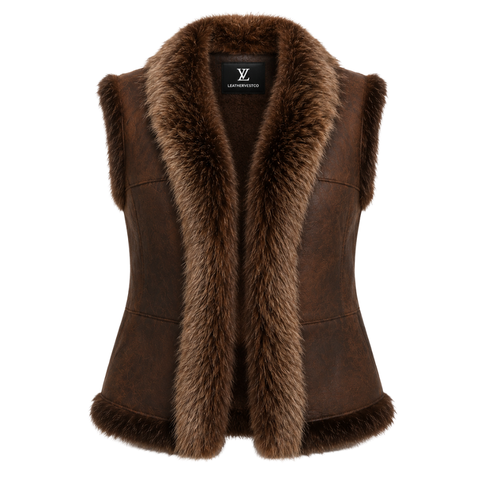 Brown faux leather vest with plush fur trim