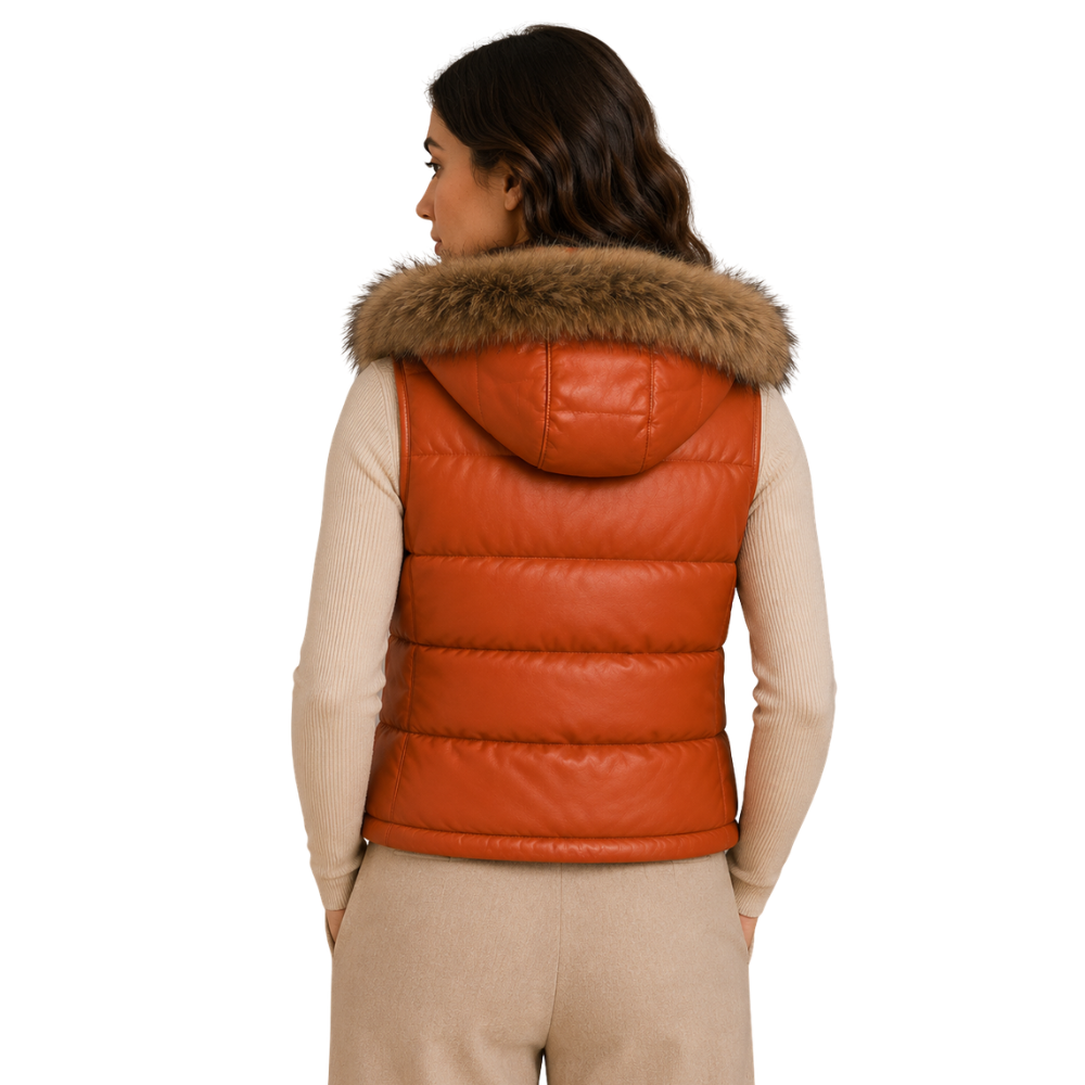 Insulated women's winter puffer vest with fur-lined hood