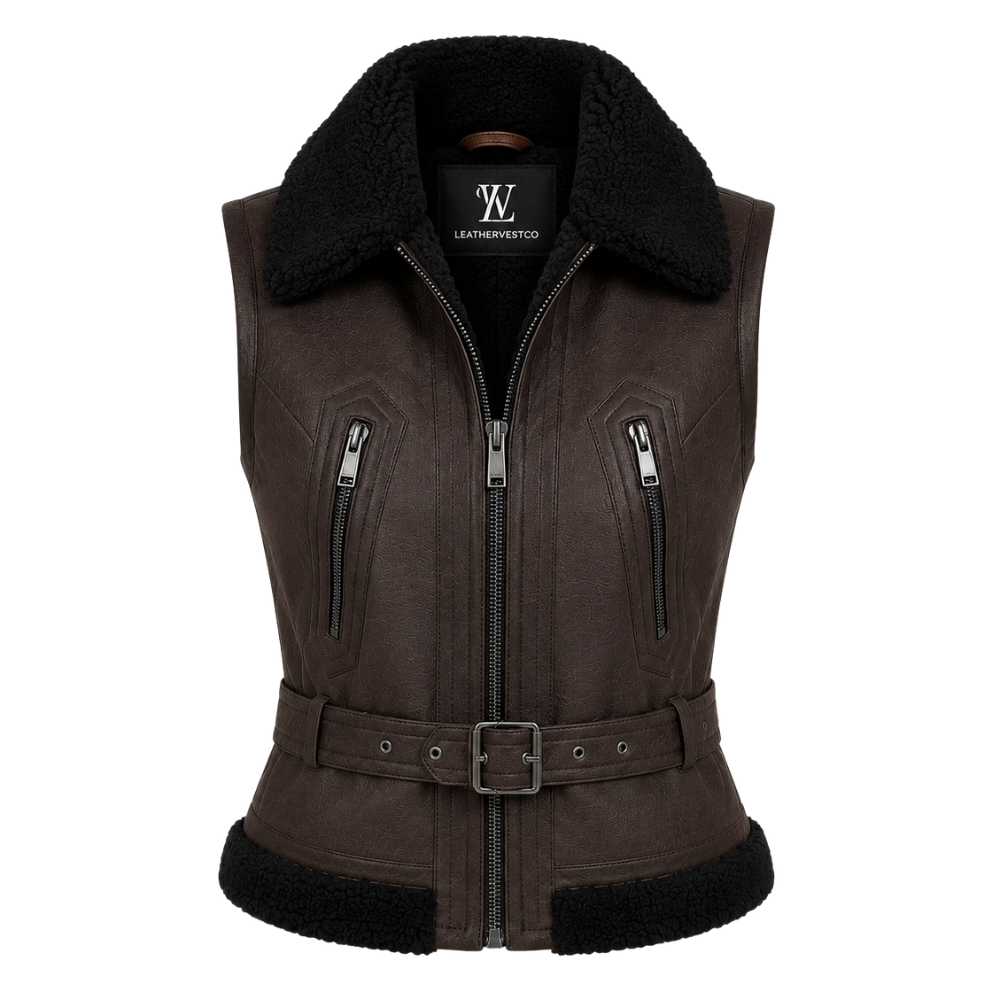 Stylish faux leather fur vest with black collar
