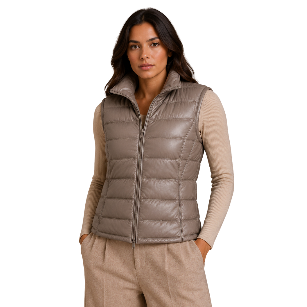 Women's fitted taupe leather gilet with quilted design