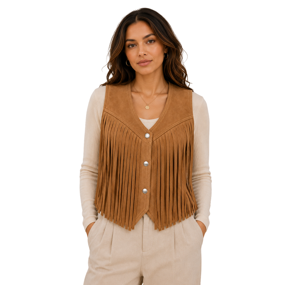 Women’s fringe western suede vest front view