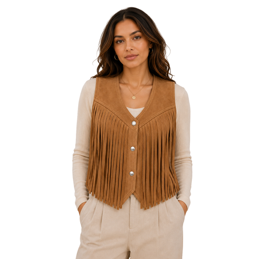 Women’s fringe western suede vest front view