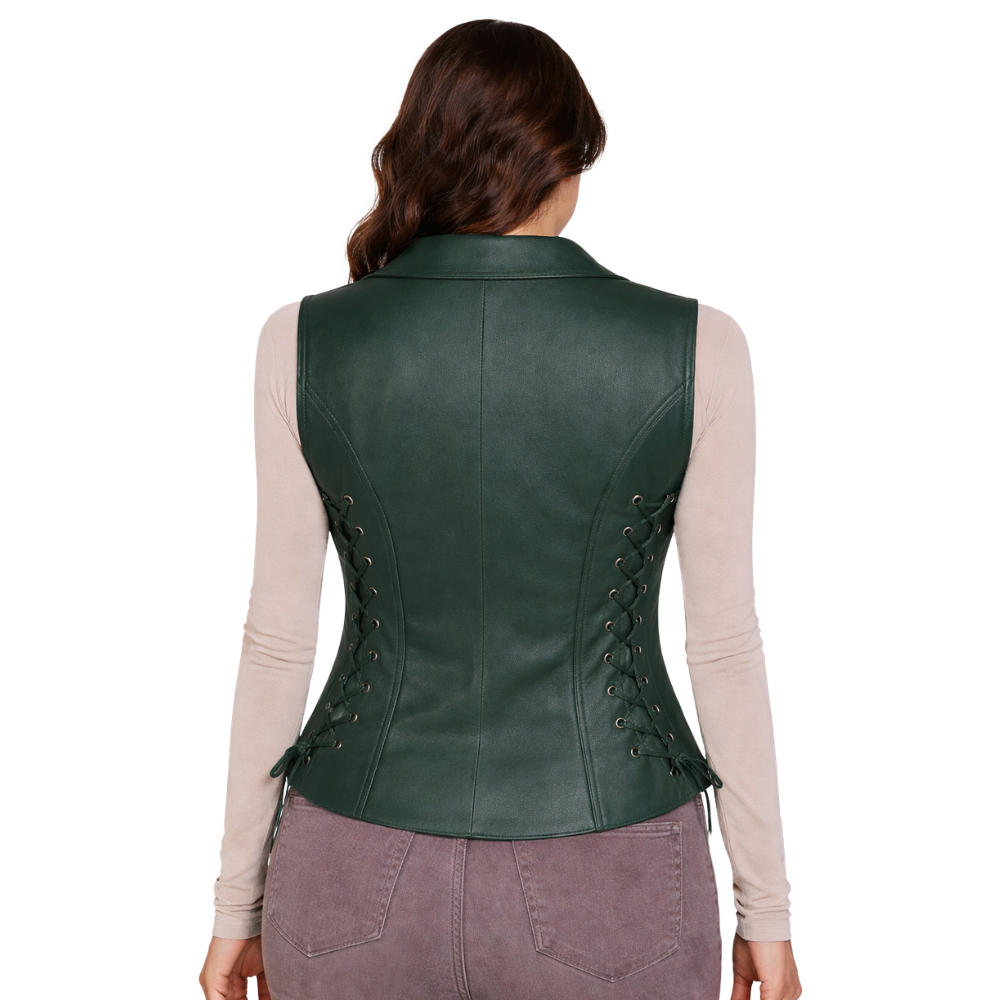 stylish womens green motorcycle leather vest