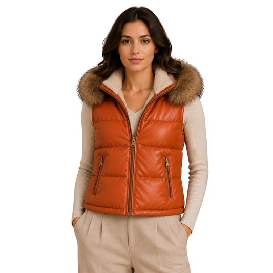 Women's orange hooded puffer vest with faux fur trim and zip closure