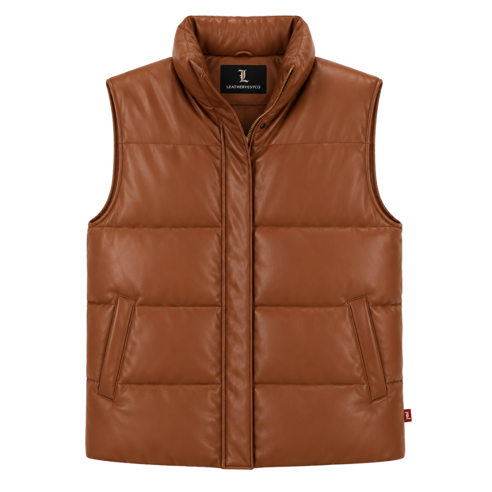 Women's quilted leather vest featuring zip front closure