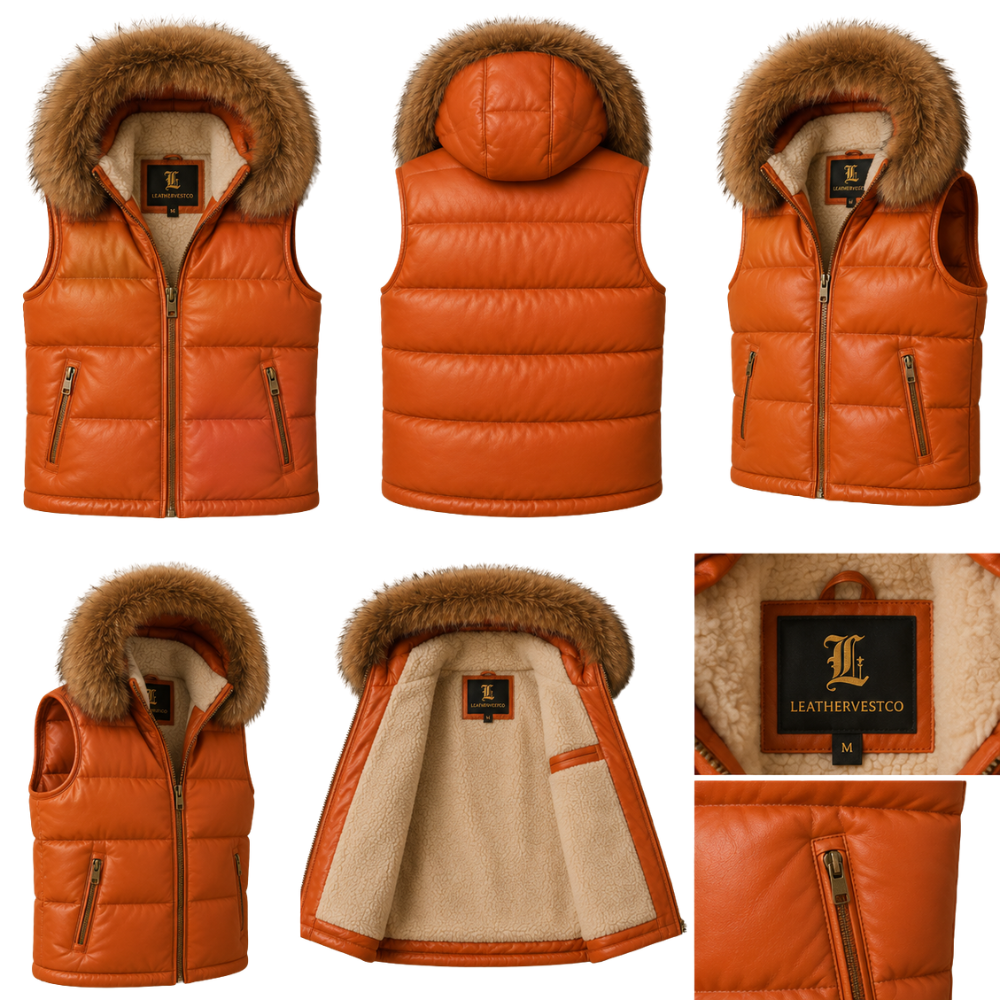 Sleeveless orange puffer vest for women with faux fur hood