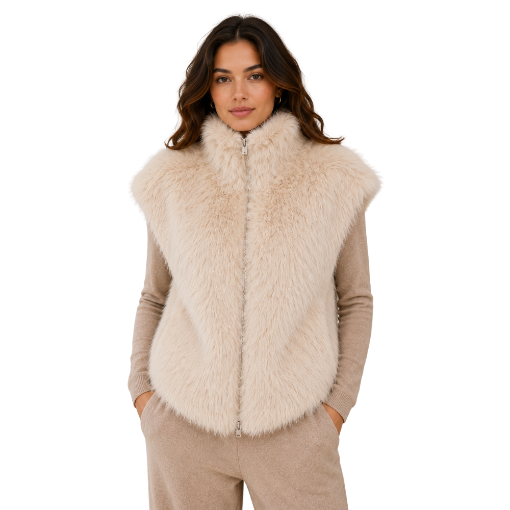 Women’s ivory faux fur vest front view