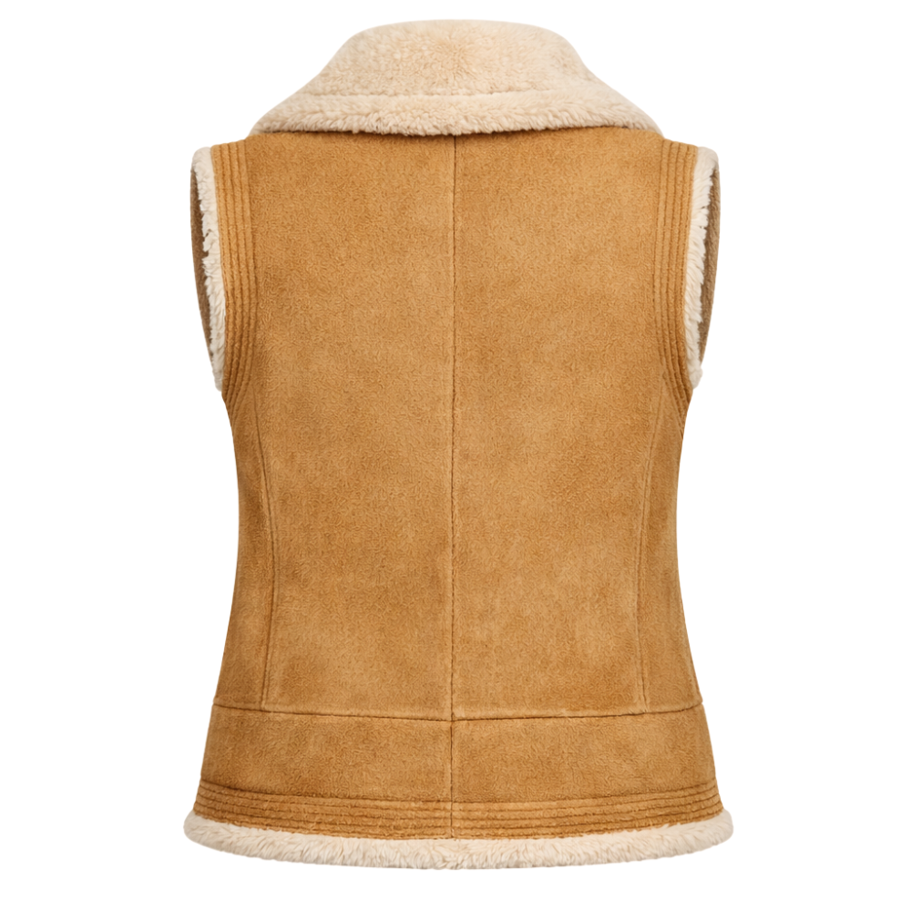 Stylish tan suede vest with fur trim for transitional weather