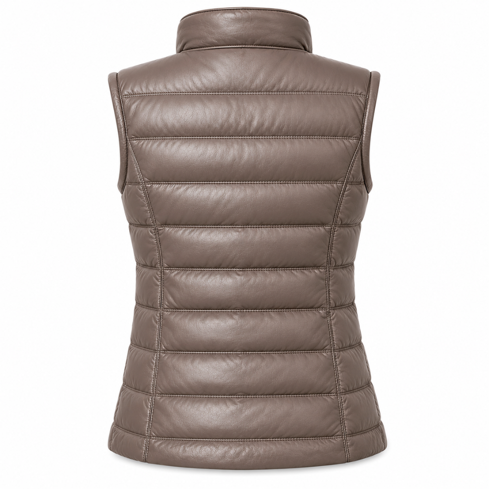 Tailored leather puffer vest for women in taupe color