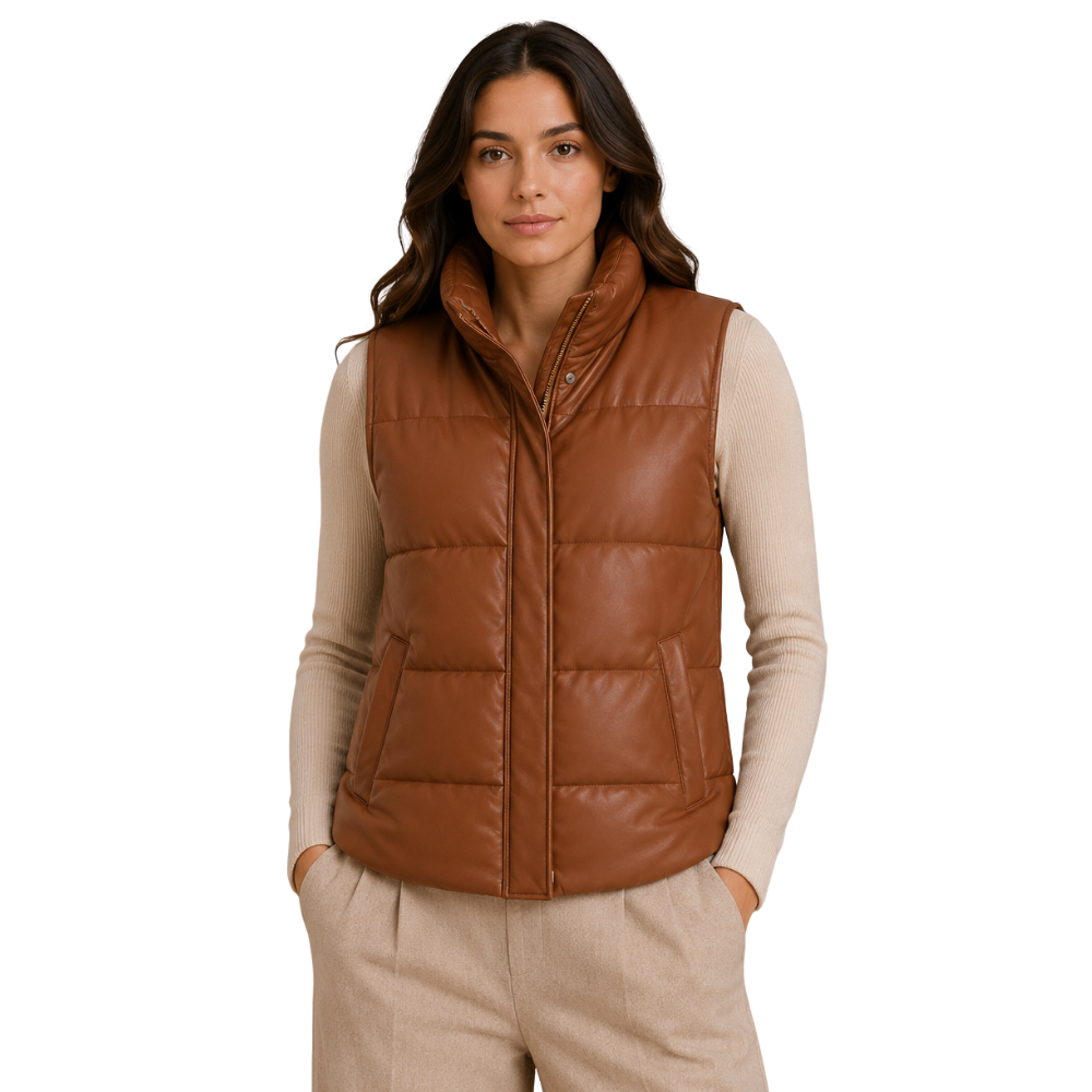 Women's brown leather puffer vest with stand collar and quilted design