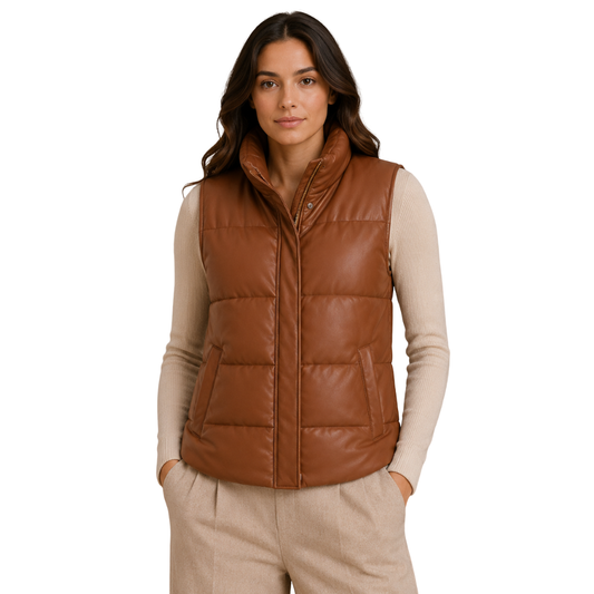 Women's brown leather puffer vest with stand collar and quilted design