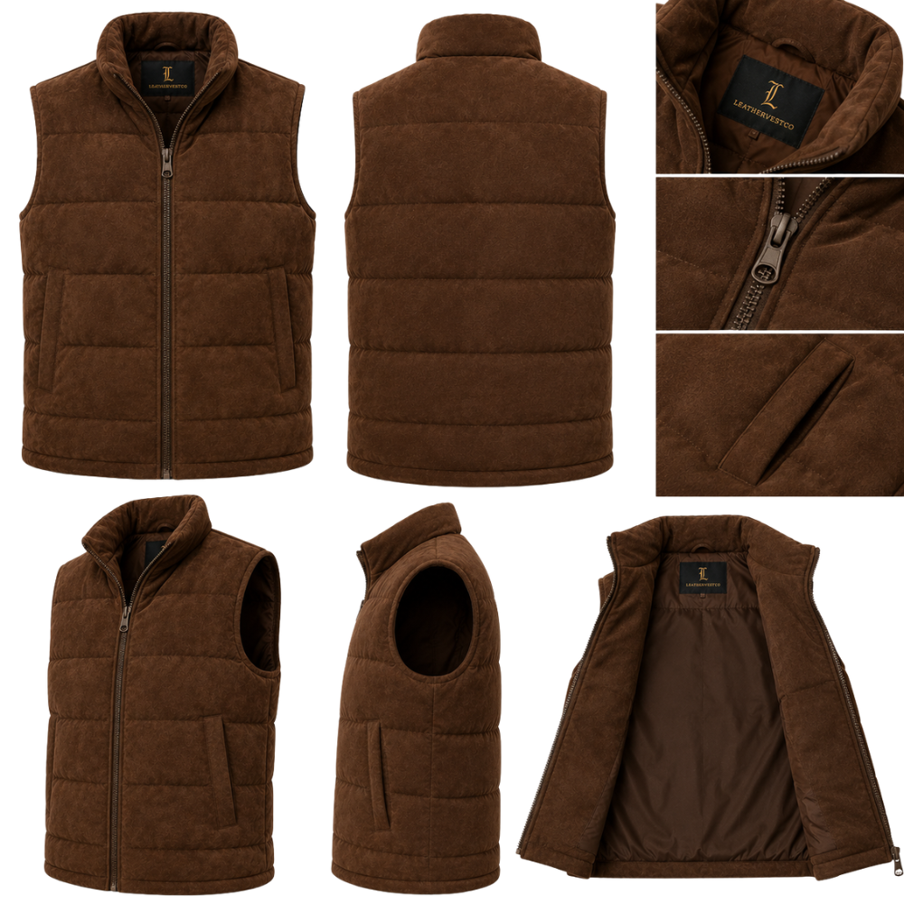 Stylish suede leather puffer vest for women in brown