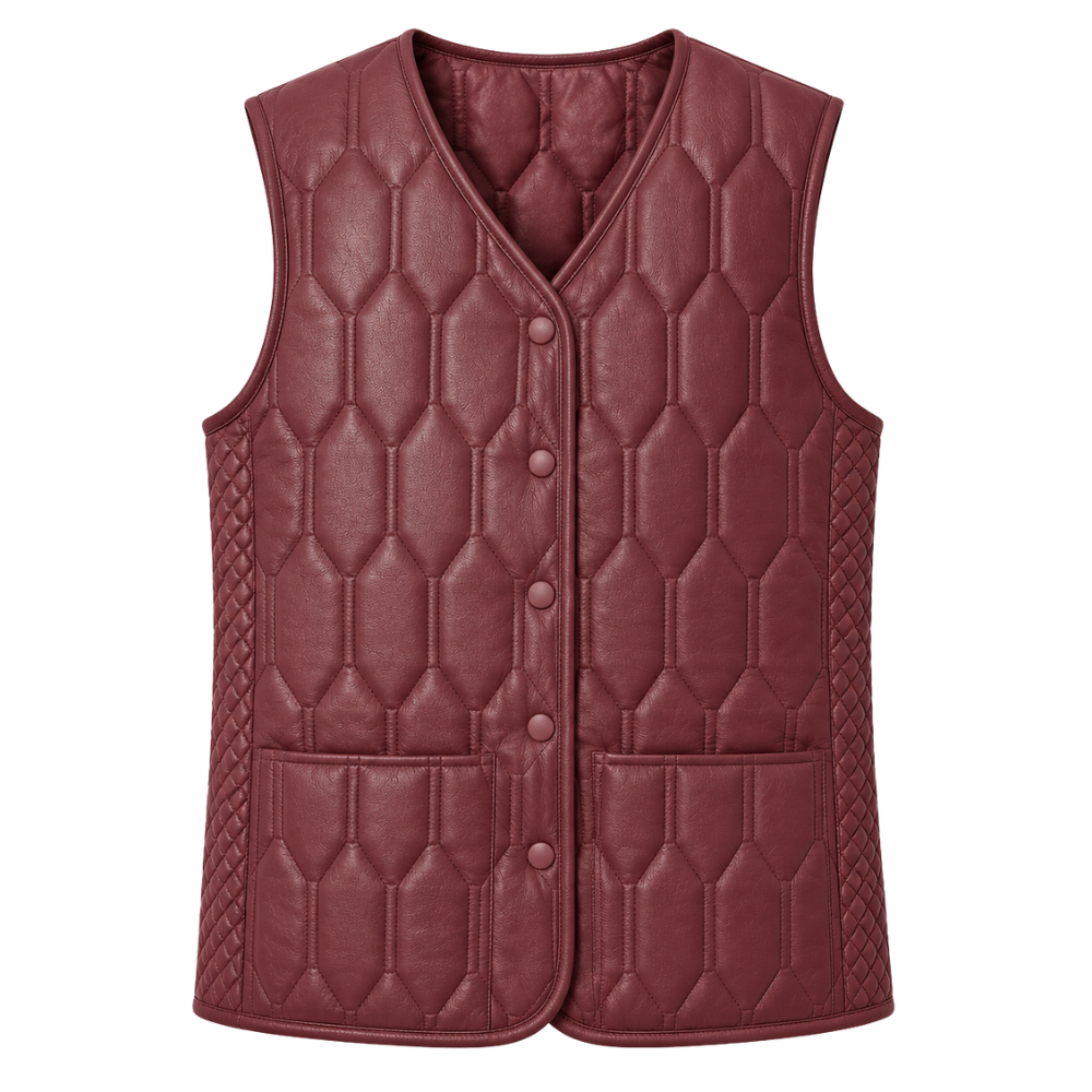 Burgundy padded leather gilet with front pockets
