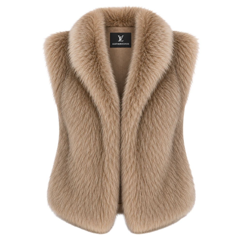Beige plush faux fur vest for women